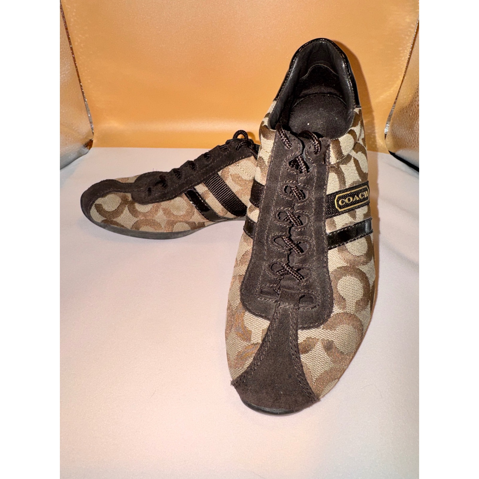Coach Signature Monogram Kathy Sneakers Brown Tan Jacquard Suede Low Top Shoes